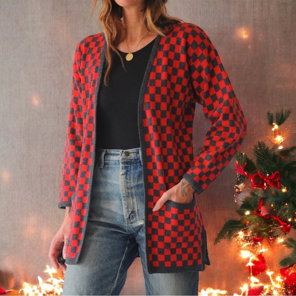 Checkered Cardigan Silk Wool Blend Checkered Vintage Sweater